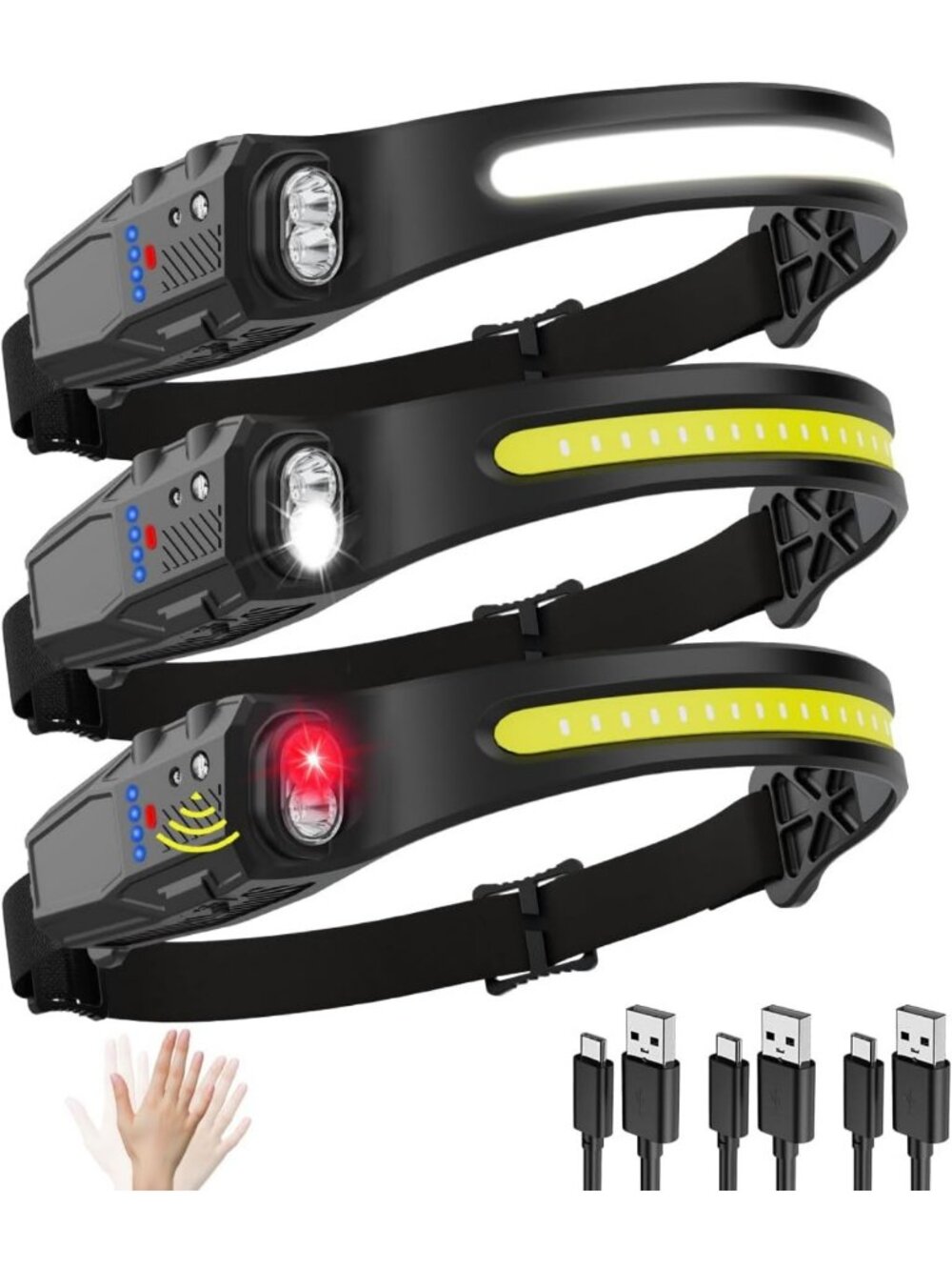 3-Pack Rechargeable LED Headlamps with 7 Modes & Red Light - Perfect for Adults